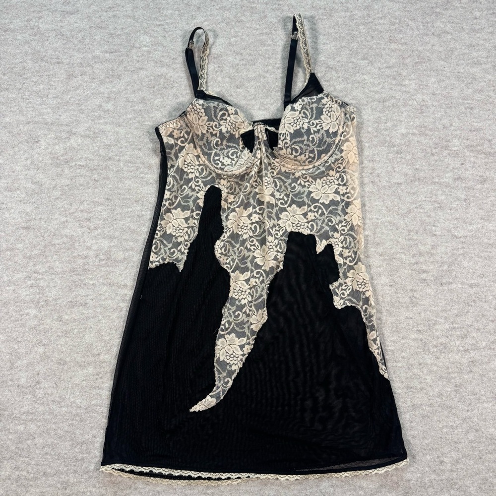 Sheer Black and Cream Lace Chemise Slip